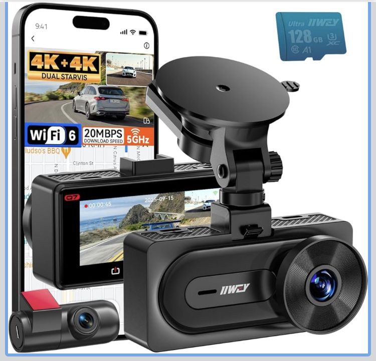 4K+4K Dash Cam Front and Rear, Dual STARVIS w/HDR, 5G WiFi-6 (up to 20MB/s) with App, 128G SD Card Included, GPS, Dash Camera for Cars