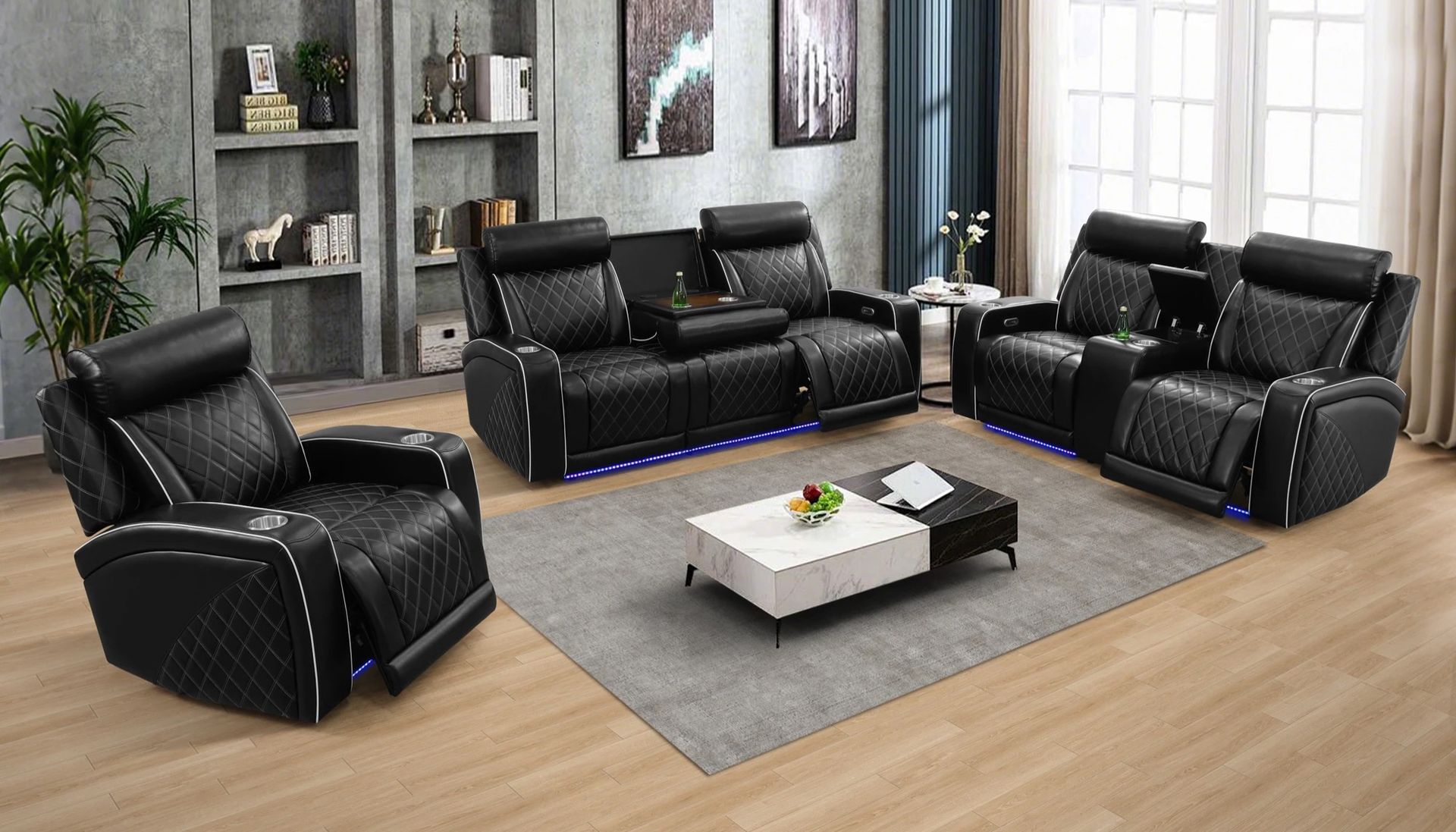 π₯FREE DELIVERYπ₯Brand New POWER, LED, USB 3PC Reclining Sofa Loveseat Chair Set