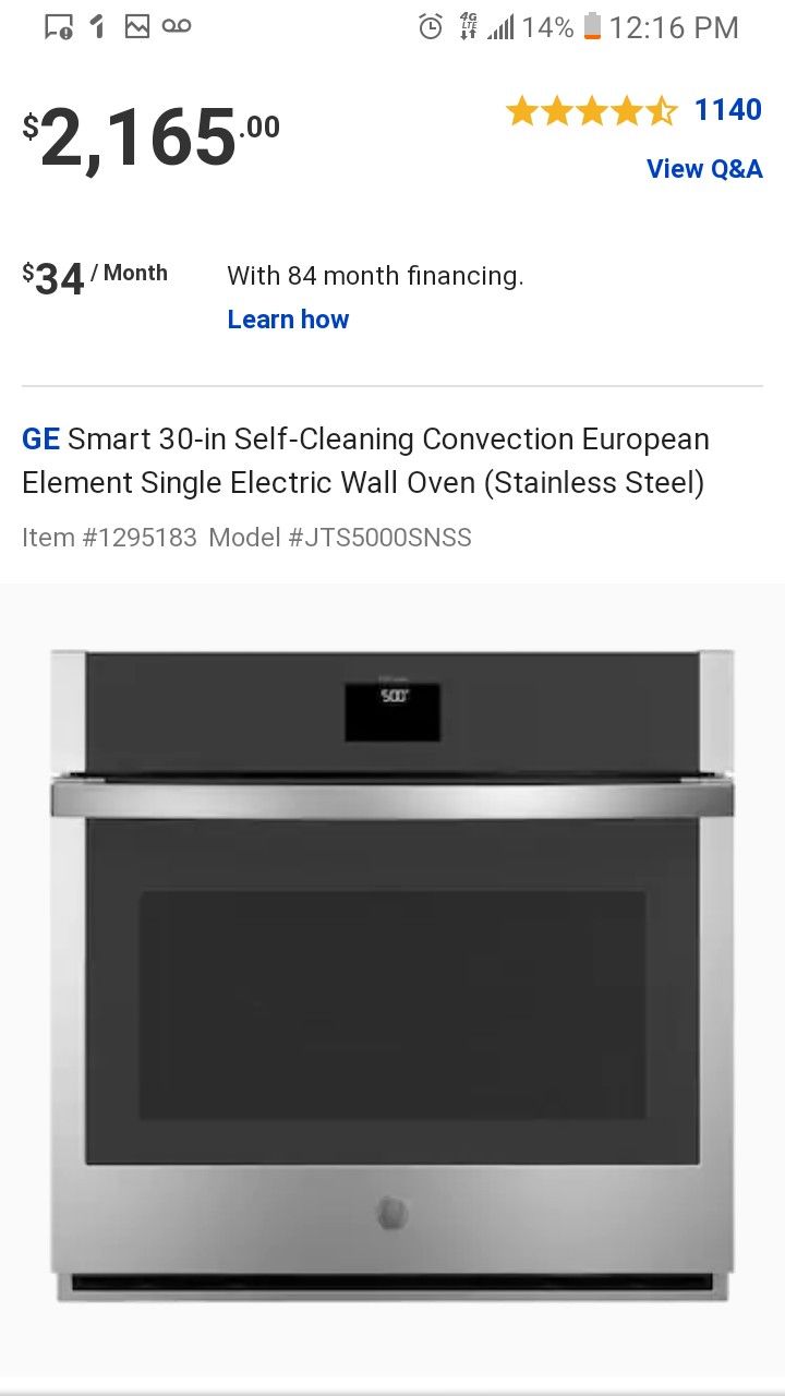 GE Smart 30-in Self-Cleaning Convection European Element Single Electric Wall Oven (Stainless Steel) JTS5000SNSS