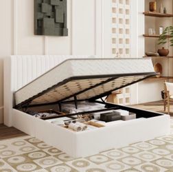 *BRAND NEW* Full Size Lift Up Storage Bed Frame, Vertical Channel Tufted Headboard, White Velvet