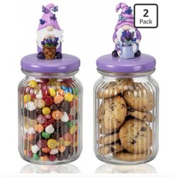New - 2 Pcs Spring Gnomes Candy Jars Purple Lavender Gnomes Glass Cookie Jars Clear Candy Food Storage