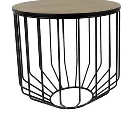 round wood top black metal base