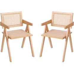 Dining Chairs Set of 2, Modern Mid Century Accent Chairs, Comfy Armchairs, Outdoor Rattan Chairs wit