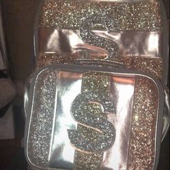 Silver And Gold Shiny Book bag With Letter S On Front Along With Lunch Bag 