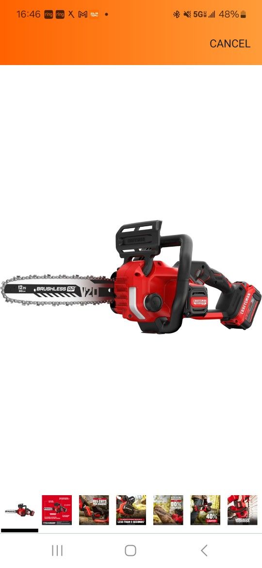 Craftsman 12 inch Chainsaw  20 Volt battery operated