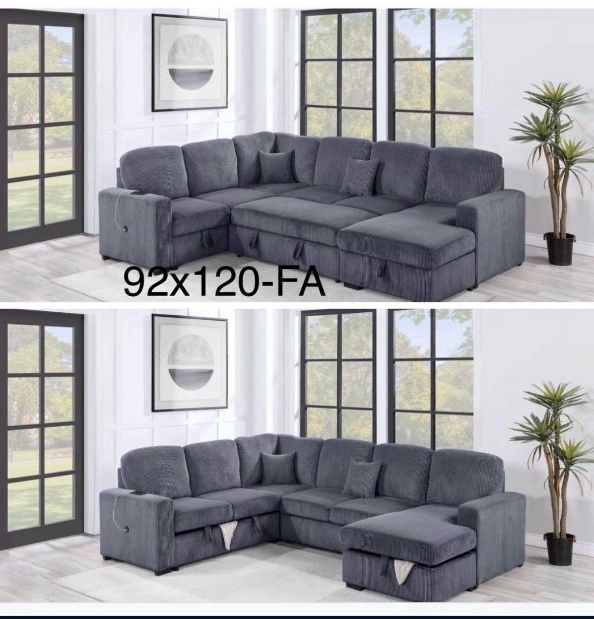 $650. 4Piece Convertible Sectional Sleeper Sofa ,Chaise Storage ,Sofa Storage & USB Ports