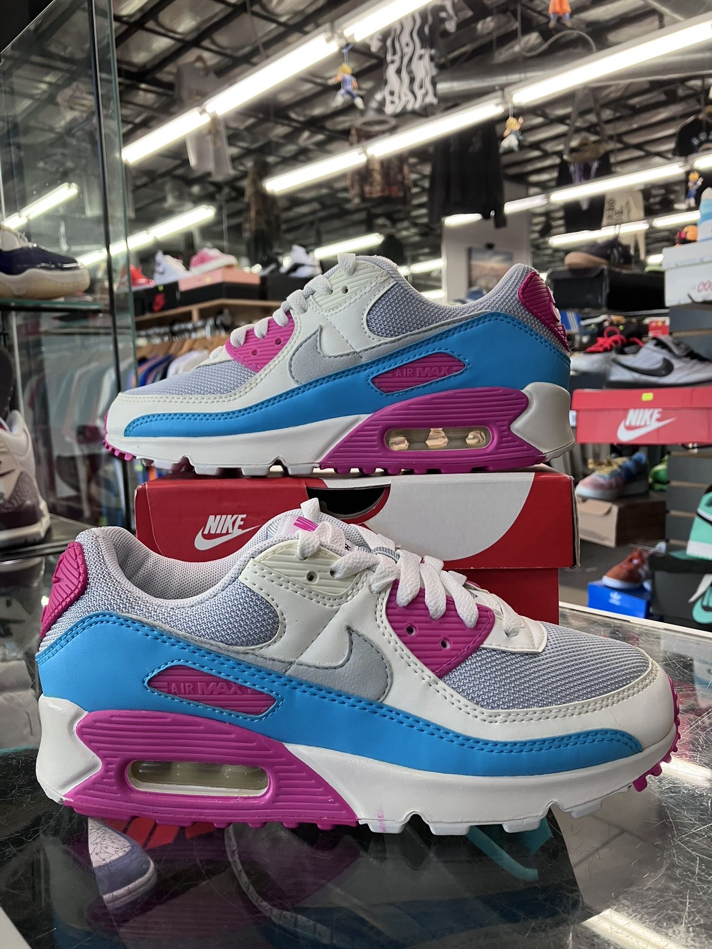 Women’s Nike Air Max 90 White Vivid Pink Light Blue Fury