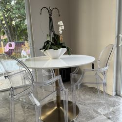 CB2 Odyssey Dining Table Brass White