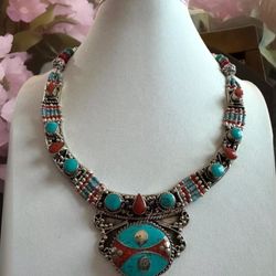 Stunning handcrafted Tribal Theme Necklace Inlay coral & turquoise set in Silver 18”inch