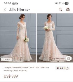 JJ House Trumpet/Mermaid V-Neck Court Train Tulle Lace Wedding Dress size 12 Ivory/nude