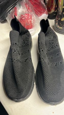 Black Knit Slip-On Sneakers with Rhinestones