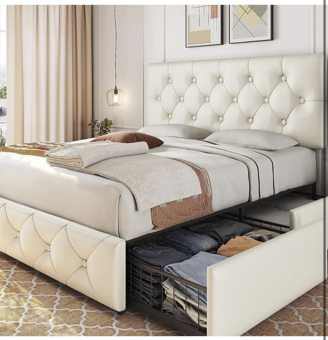 Queen Upholstered Bed Frame with 4 Drawers and Adjustable Headboard, Faux Leather Platform Bed with Mattress Foundation Strong Wooden Slats Support, N