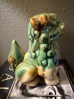 Ceramic Foo Dog Figurine Green Glaze