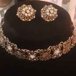 Vintage Brass & Crystal Decorative Choker + Earrings