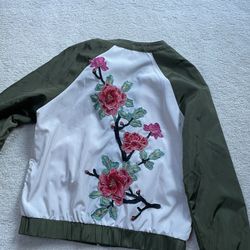 Floral Print Green And Embroidered Designer Bomber Jacket Size Large 