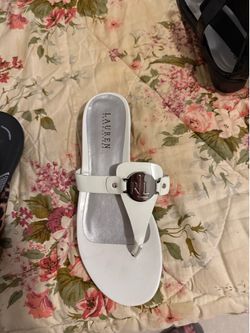 Women’s white pattern, leather sandals, size 9