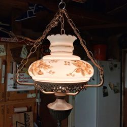 Stunning Large Antique Vtg  1950's Hanging Brass Swag Lamp Painted Glass Globe Mid-Century Modern. 18” ..asking $80.00