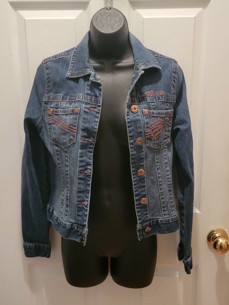 Vintage Rocawear Women's Embroidered Blue Jean Jacket, Size Medium, Denim