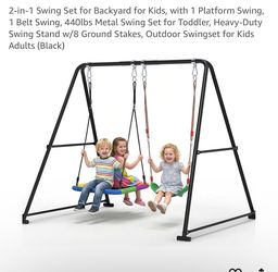 2-in-1 Swing Set for Backyard for Kids, with 1 Platform Swing, 1 Belt Swing, 440lbs Metal Swing Set for Toddler, Heavy-Duty Swing Stand w/8 Ground Sta