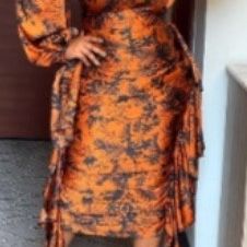 Cocktail Party Dress Orange Floral Print Puffy Sleeves Ruffles Midi Dress
