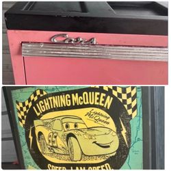 (2) Rolling disney pixar metal cars toolbox (es) + black stationary lightning mcqueen toolbox / storage COLLECTORS RARE