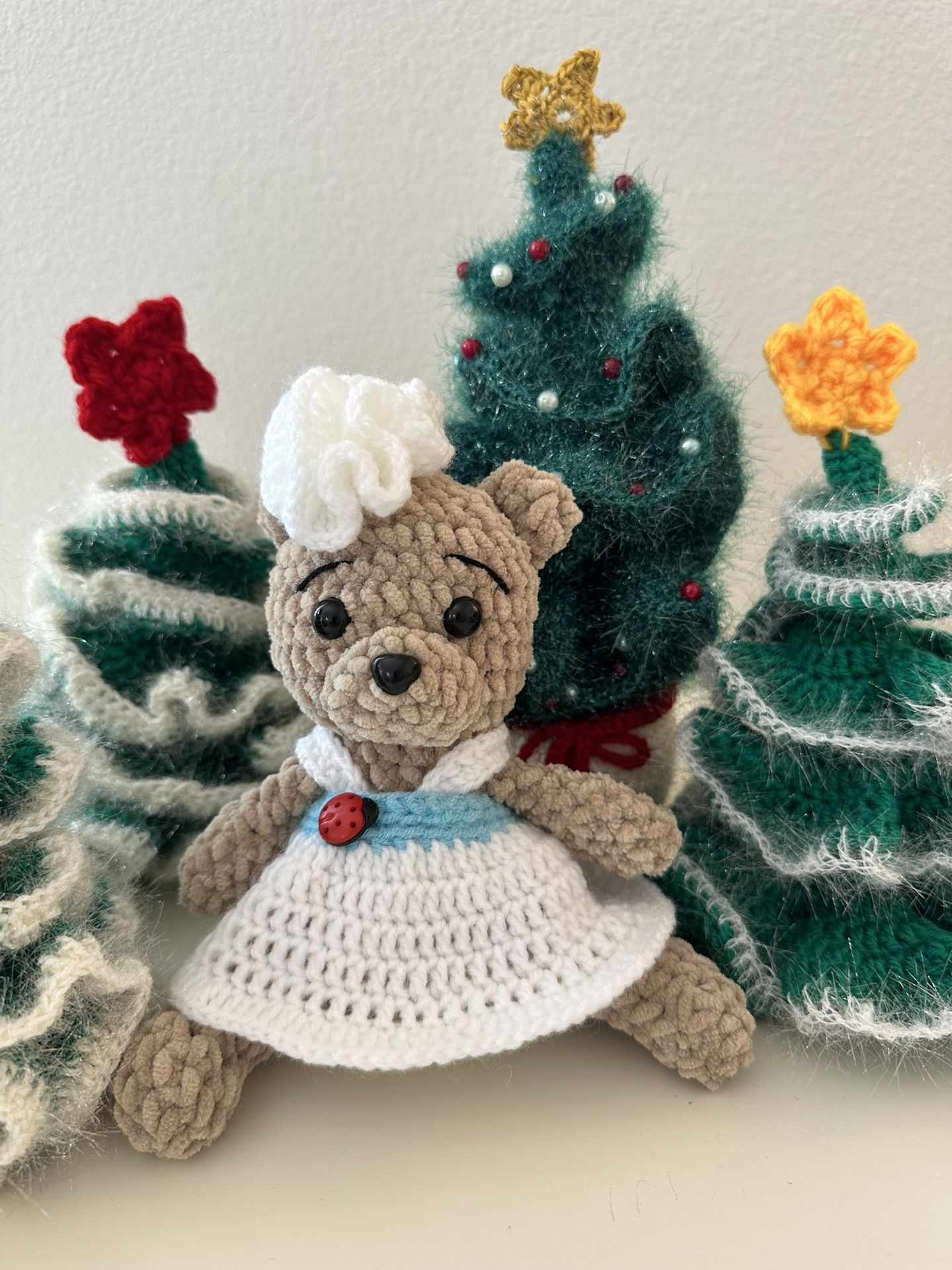 New Handmade Crotchet Teddy Bear Girl In A Cute Dress With A Lady Bug