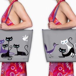 New Shag Tote Bag Shopping Zippered Colorful Fun Design 18”x 15”. Cautious Cats by Josh Agle. 