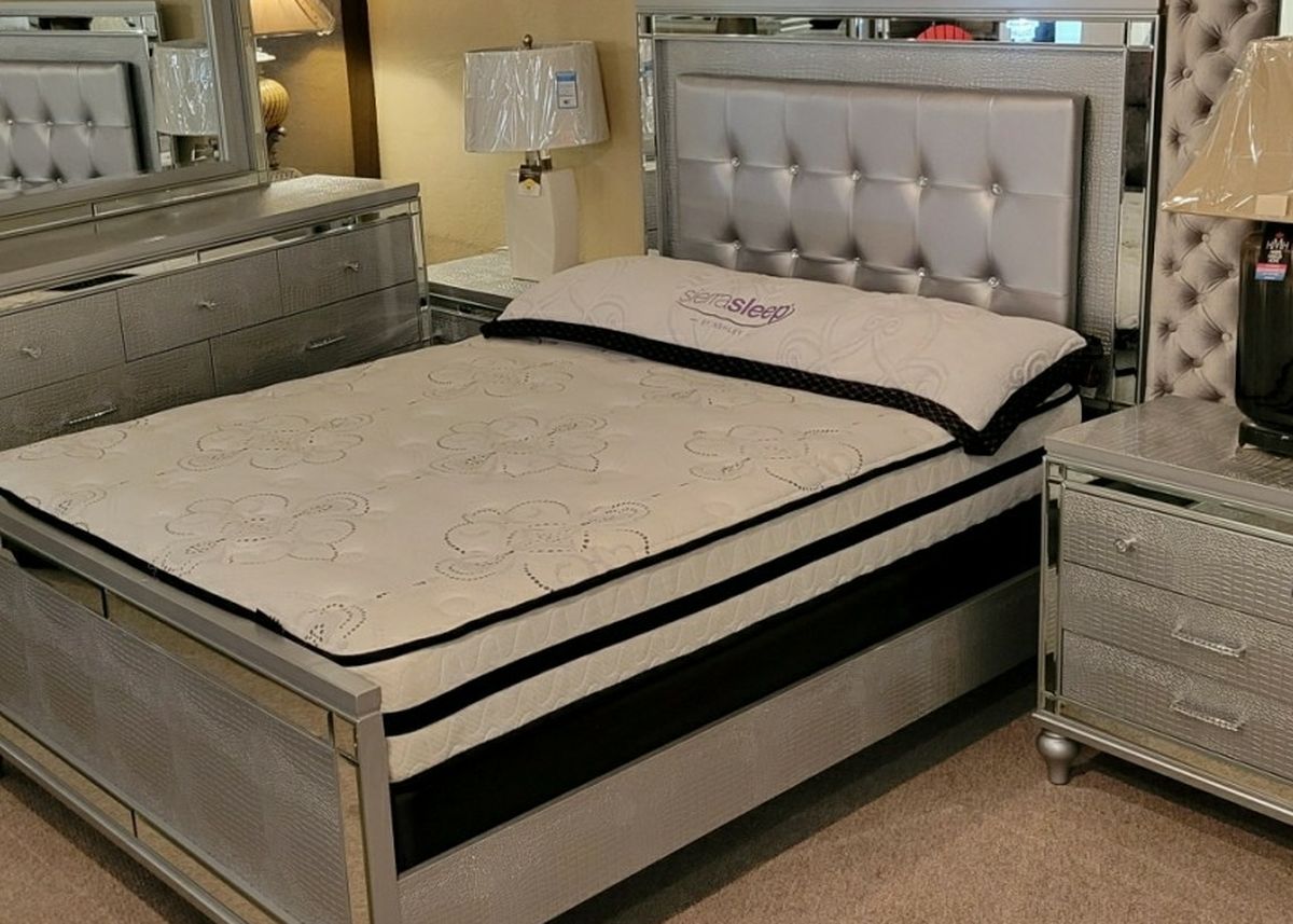 Queen Grey Silver Bed + 2 Nightstands + Dresser Mirror