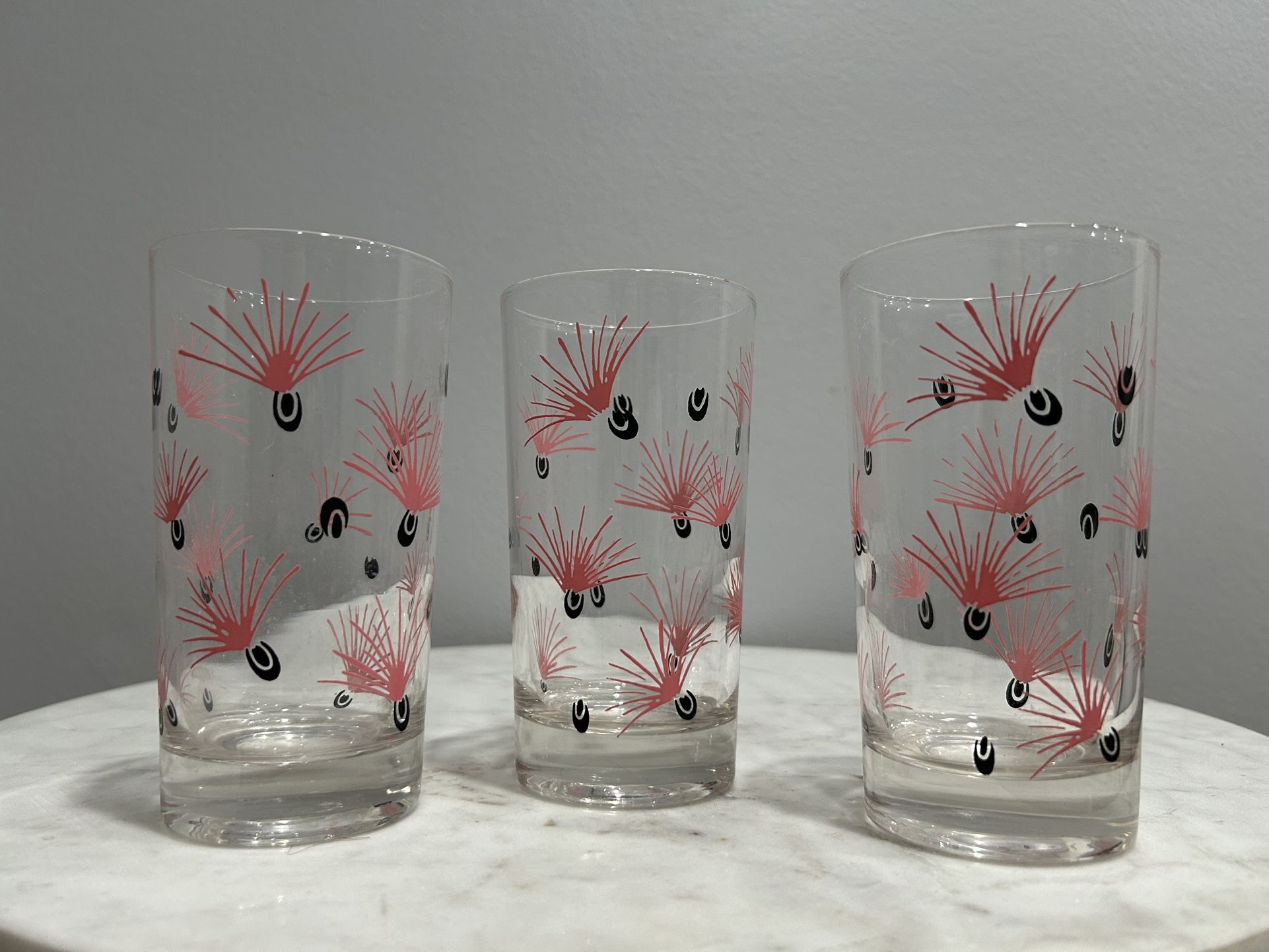 Vintage Milkweed Merry Maker Federal Glass Pink Black Drinking Glasses