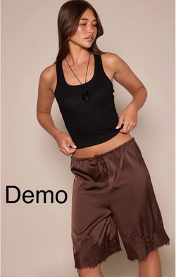 PrettyLittleThing Satin Lace Detail Long Shorts (Size 10/Large)