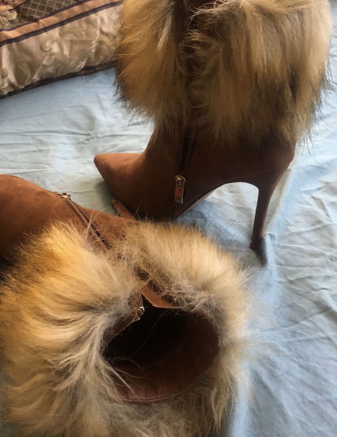 Faux Fur Cuff Pointy Toe Stilleto Ankle Booties