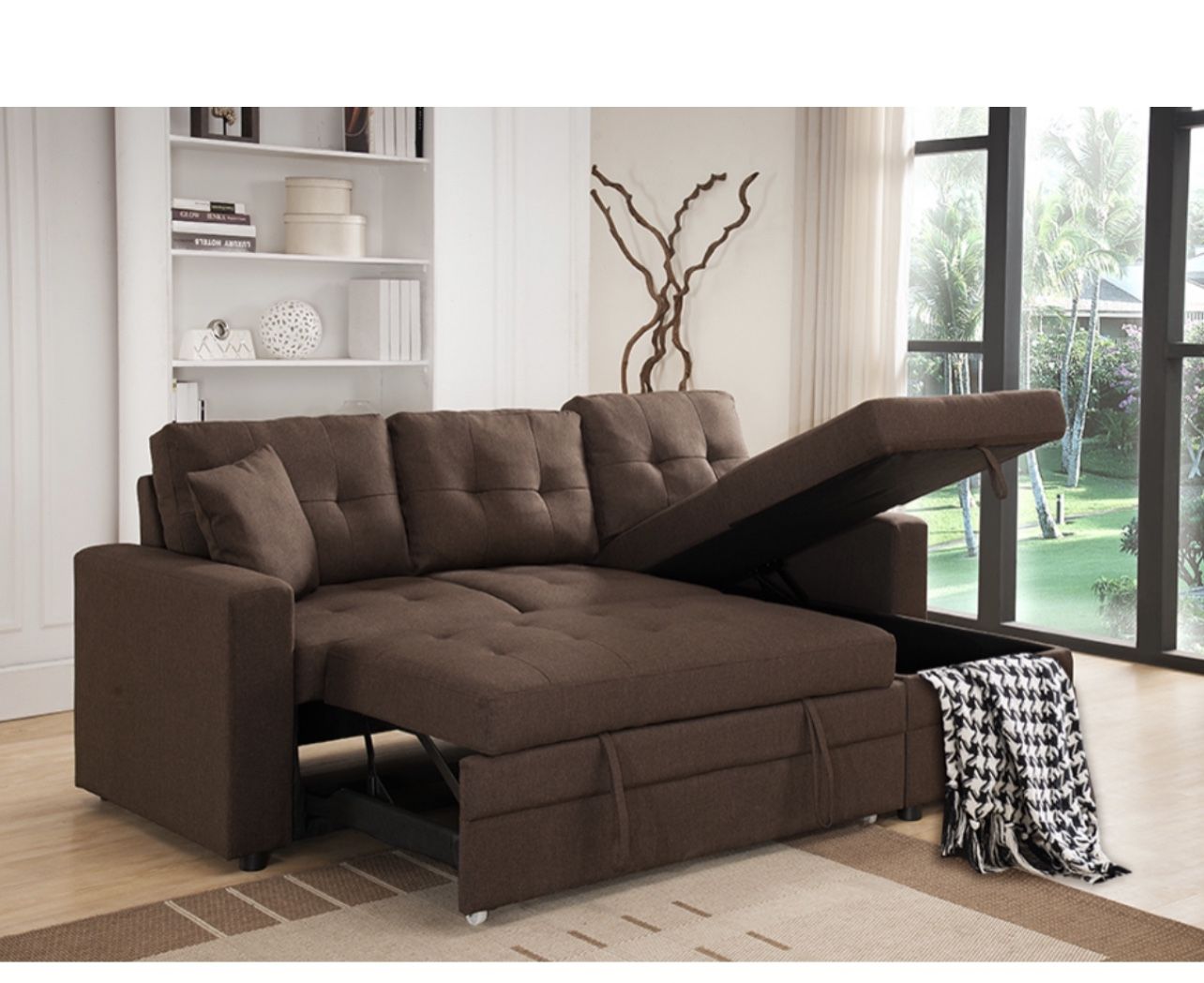 Living room set Sectional Sofa Pullout Bed W / Chaise Storage Faux leather 88” X 57” x33”H