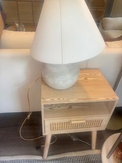 Wood and Rattan Nightstand with Drawer plus lamp