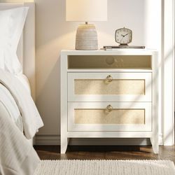 Dowinx 23.6" White Night Stand with Charging Station, 2 Drawers and Storage Shelf, Rattan Nightstands Boho, Bed Side End Tables Dresser for Bedroom, C