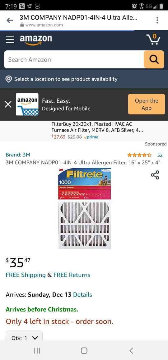 3M COMPANY NADP01-4IN-4 Ultra Allergen Filter, 16" x 25" x 4"