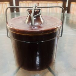 Vintage Brown Glazed Pottery Stoneware Cheese Crock With Clamp Lid American Primitive/ Farmhouse Style 