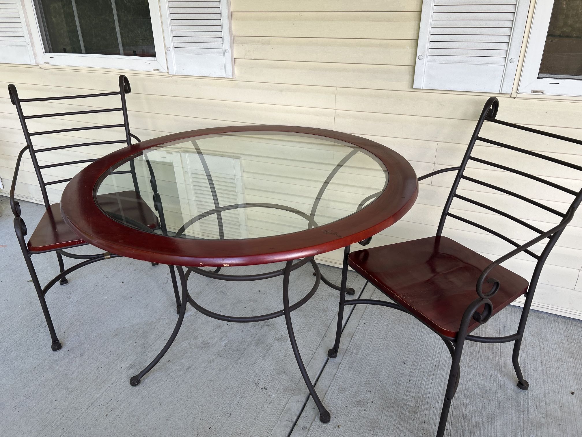 3 Piece Glass And Cherry Stained Wood And Metal Bistro Set