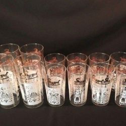 1950s Anchor Hocking glassware Gold n White Pennsylvania Dutch Collection. Tall Tumblers and Juice Glasses.  Antique classics.  SEE FULL AD BELOW