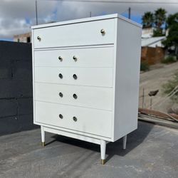 Vintage Mid Century Solid Wood White Tallboy Dresser