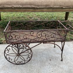 Vintage Rustic Wrought Iron Wheel Barrel Flower Cart, Small in Size