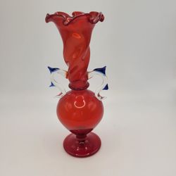 Hand Blown Red Glass Vase Frill Blue Spun Handles Very Delicate 5”