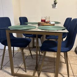 5 Piece Dining Room Set with 4 Blue Ergonomic Upholstered Chairs for Living Room