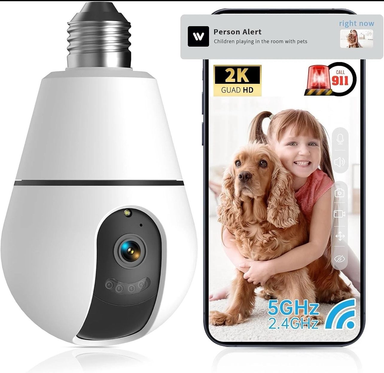 Light Bulb Security Camera, 2.4G/5GHz WiFi 2K Security Cameras Wireless Outdoor,Bulb Cameras for Home Security,AI descriptive Notification,911Emergenc