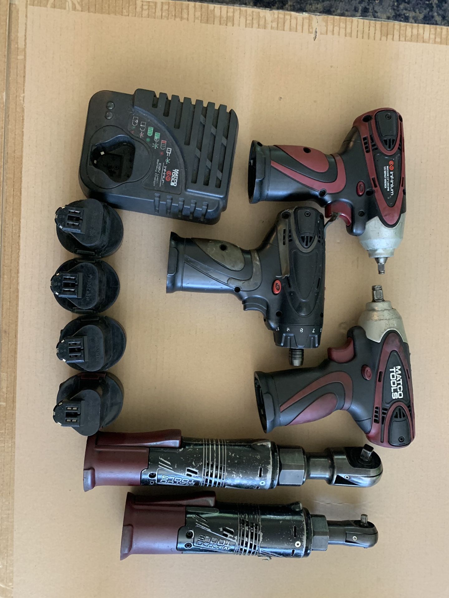 Matco infinium impact wratchets, impact gun, drill 4 batteries and charger