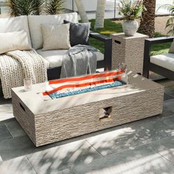 2279a $250  56-inch outdoor propane fire pit table (50,000 BTU, rectangular concrete design) for the patio; includes blue glass fire beads and a rain 