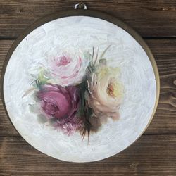 Hand Painted Floral Painting with Gold Trim on Round Wood Plaque (8.5” Diameter)