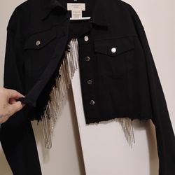 Black Denim Crop/ With Back Bling Fringe Jacket