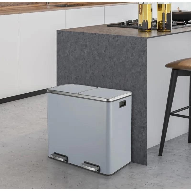16 Gallon Rectangular Stainless Steel Trash Can, Dual Compartment Garbage Bin with Recycling Combo, Blue/Gray
