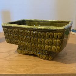 Mid Century Green Textured Asian Inspired Planter Succulent Retro Bonsai 8” x 4 1/2”