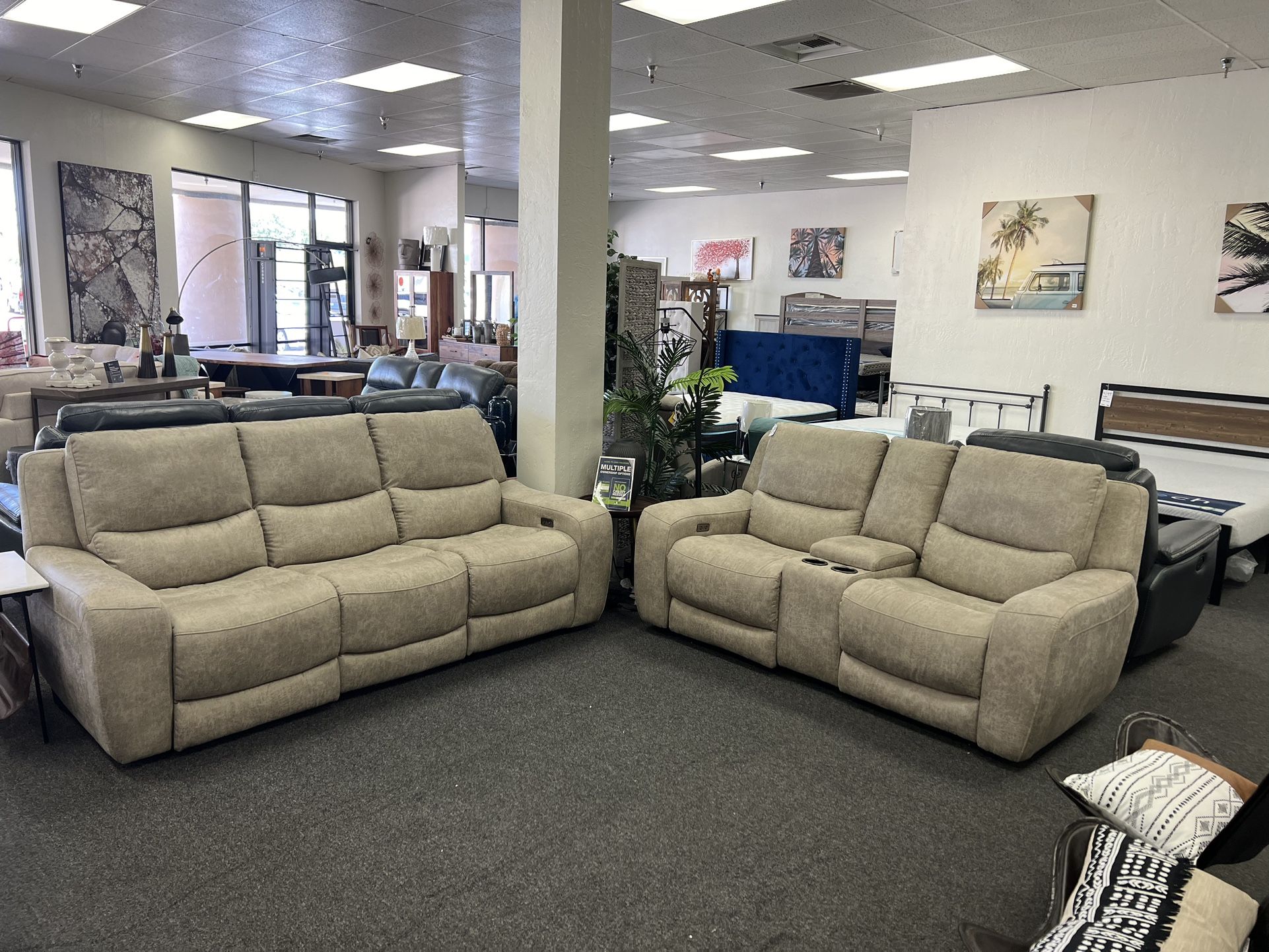 Power Reclining Sofa And Loveseat In Beige Performance Fabric